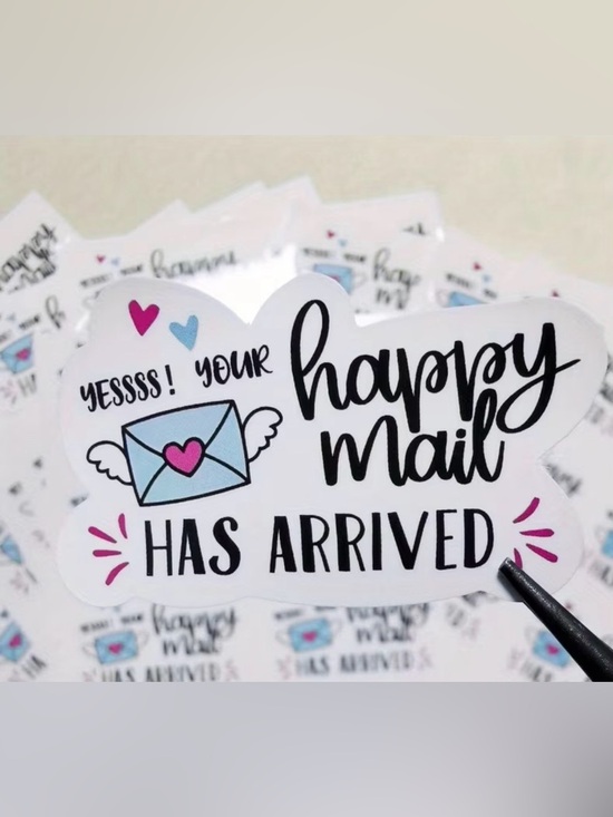 Other - 100 Happy Mail Stickers - Blue Envelope with Pink Heart
